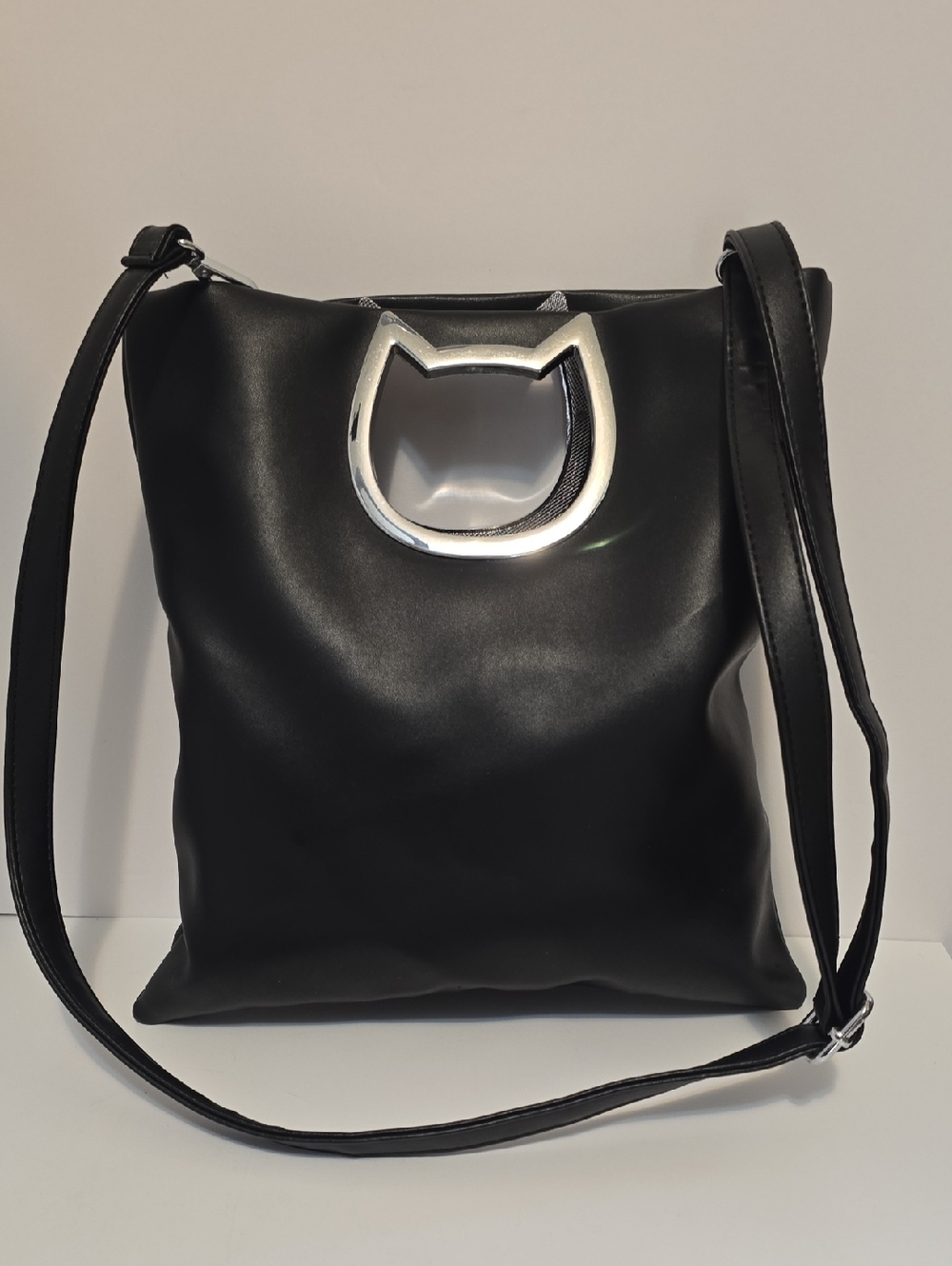 Cat Lady Black Crossbody Bag with Silver Cat-Shape Accent